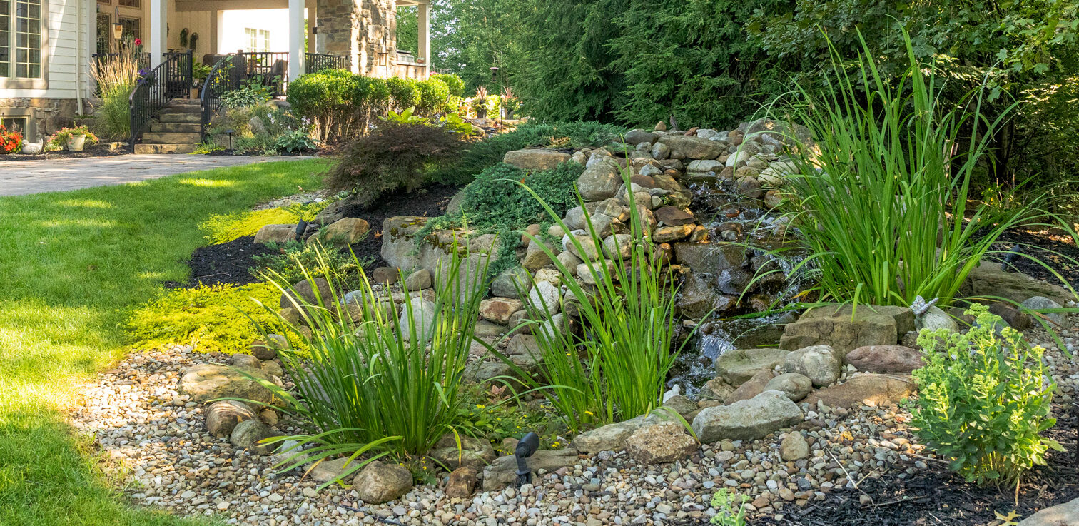 water feature with rocks, plants and rocks